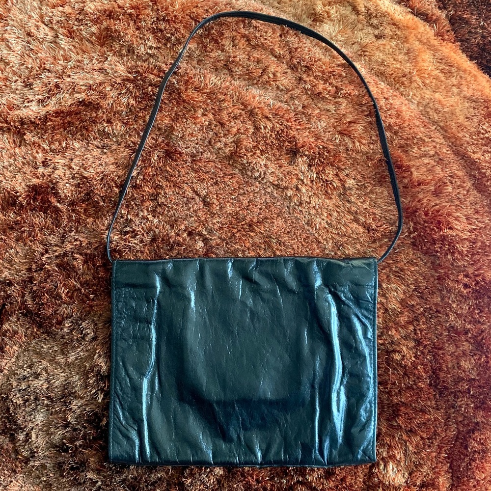 80s vintage black leather shoulder/clutch bag - Picture 3 of 7